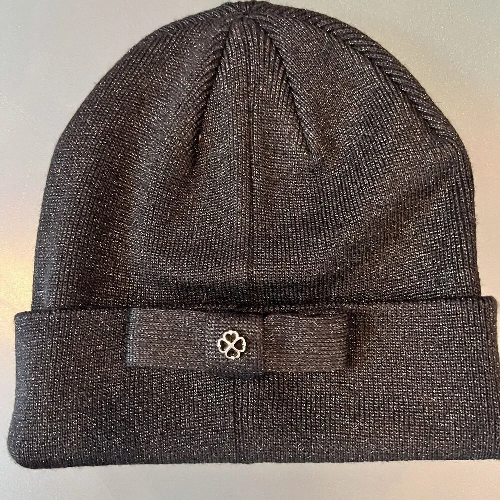 Kate Spade New York Bow Beanie Hat Womens One Size Black Cuffed Knit Stretch